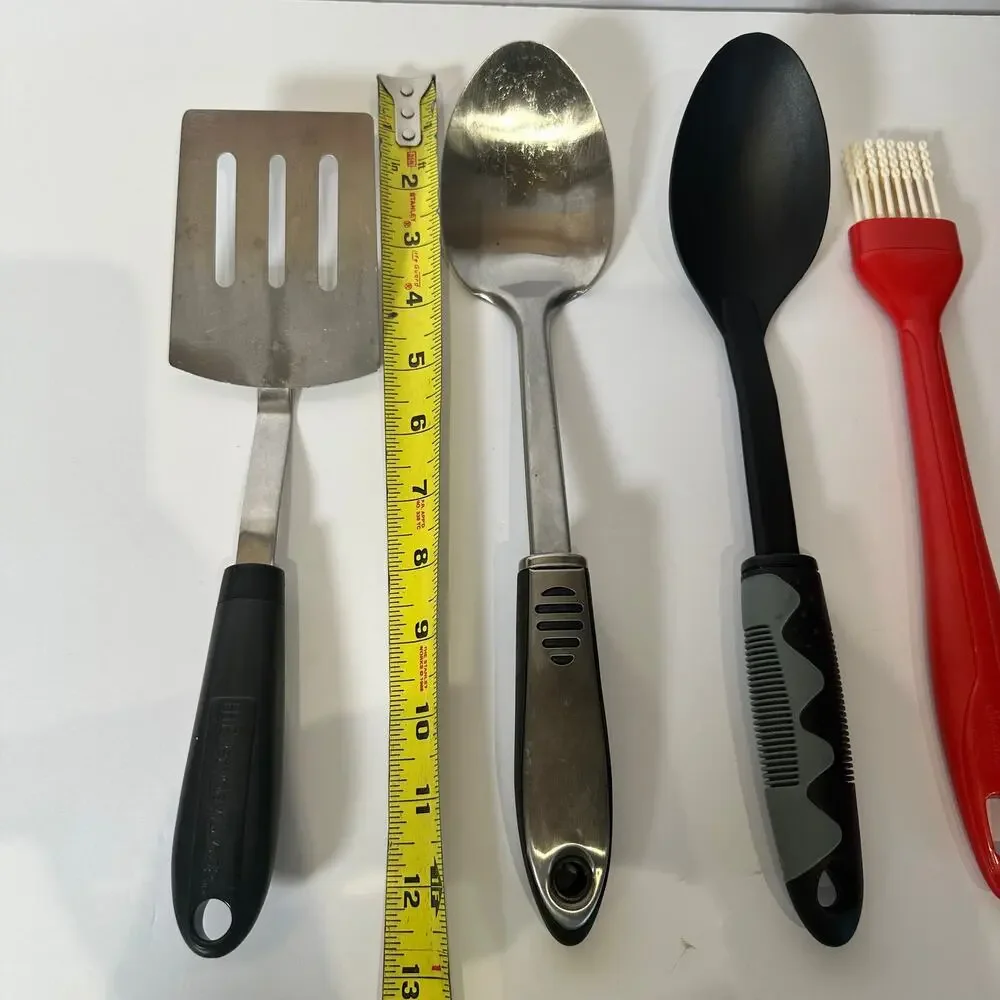 Set of 5 Kitchen Utensils Spatula Spoons Baster Brush Masher Black Red